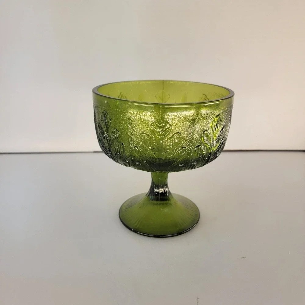 Vintage FTD Avocado Green Pedestal Compote Bowl Oak Leaf Candy Dish 1975 Retro